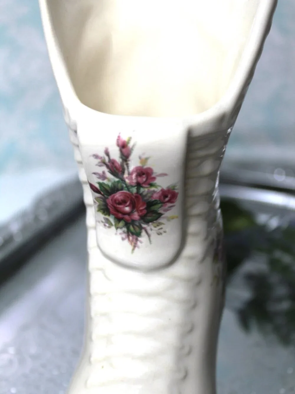 Vintage Ceramic Boot Vase Floral Roses Victorian Style Ladies Boot Cottagecore